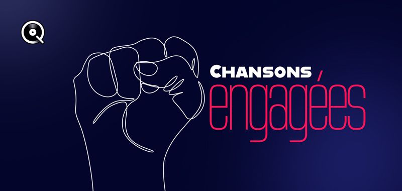 Image d'un point fermé sur fond bleu et du slogan Chansons engagées